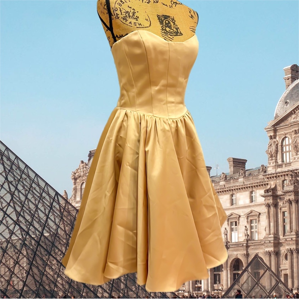 VINTAGE ALLEN SCHWARTZ ABS collection gold strapless fit flare tulle dress